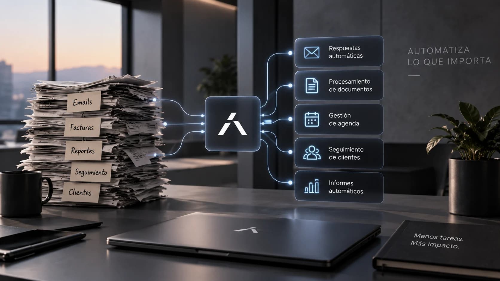 Un mecanismo azul eleva una tarea repetitiva entre varios procesos manuales.